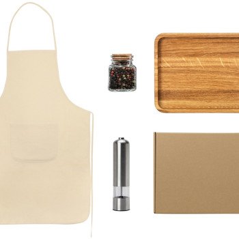 Подарочный набор для кухни с фартуком, подносом, мельницей и специями