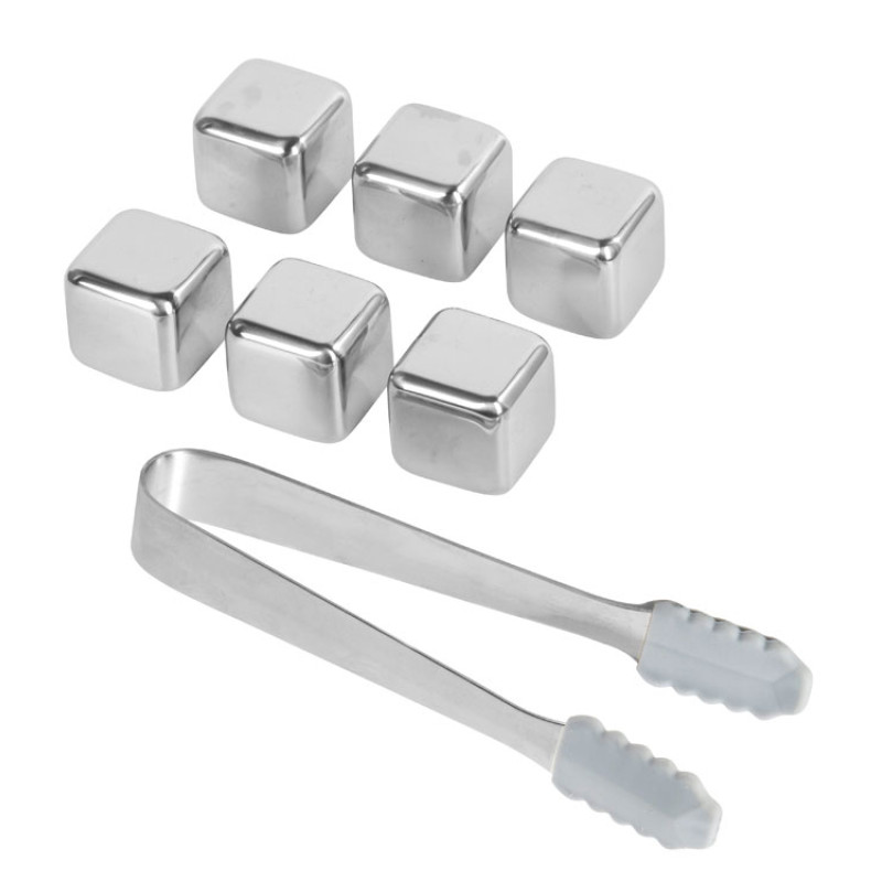 Набор для виски со стальными охлаждающими камнями, щипцами, мешочком в коробке, кашированной картоном.