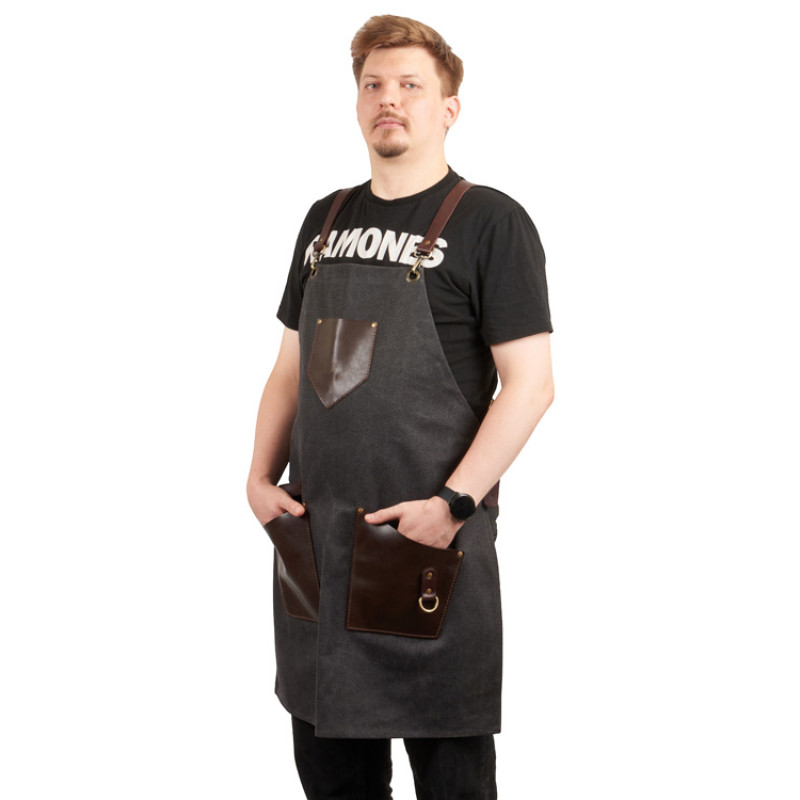 Фартук из канваса с ремнями из натуральной кожи, материал: канвас смесовый, плотность 450 гр/м, натуральная кожа КРС, цвет черный, коричневый темный Фартук из канваса с ремнями из натуральной кожи, материал: канвас смесовый, плотность 450 гр/м, натуральная кожа КРС, цвет черный, коричневый темный