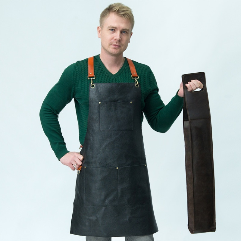 Набор: фартук из натуральной кожи в тубусе, черный с рыжими ремнями