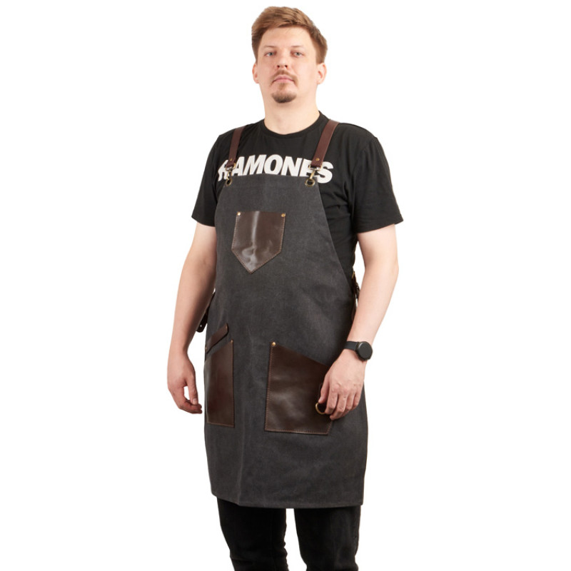 Фартук из канваса с ремнями из натуральной кожи, материал: канвас смесовый, плотность 450 гр/м, натуральная кожа КРС, цвет черный, коричневый темный Фартук из канваса с ремнями из натуральной кожи, материал: канвас смесовый, плотность 450 гр/м, натуральная кожа КРС, цвет черный, коричневый темный