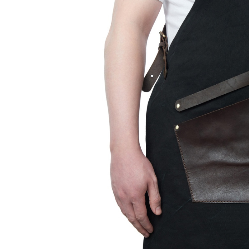 Фартук из канваса с ремнями из натуральной кожи, материал: канвас смесовый, плотность 450 гр/м, натуральная кожа КРС, цвет черный, коричневый темный