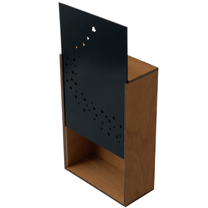 Подарочная коробка из фанеры Constellation 330х220х100 мм, фанера 6 мм, крышка на выдвижных пазах черная ЛХДФ 3 мм, бечевка