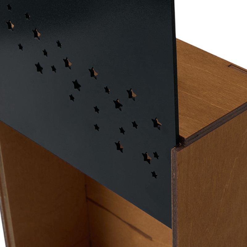 Подарочная коробка из фанеры Constellation 330х220х100 мм, фанера 6 мм, крышка на выдвижных пазах черная ЛХДФ 3 мм, бечевка