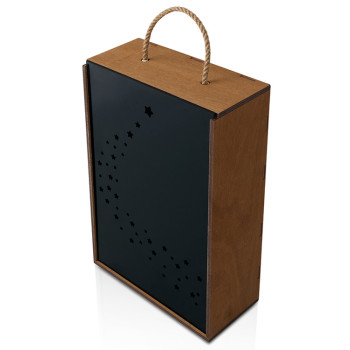 Подарочная коробка из фанеры Constellation 330х220х100 мм, фанера 6 мм, крышка на выдвижных пазах черная ЛХДФ 3 мм, бечевка