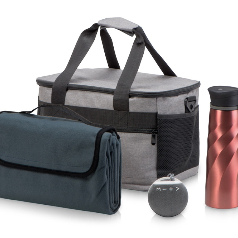 Подарочный набор с пледом и колонкой в сумке - холодильнике " Musical trek", красный