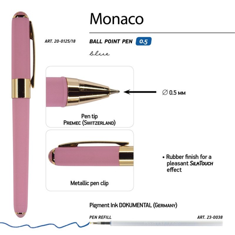 Ручка пластиковая шариковая «Monaco», 0,5мм, синие чернила, розовый