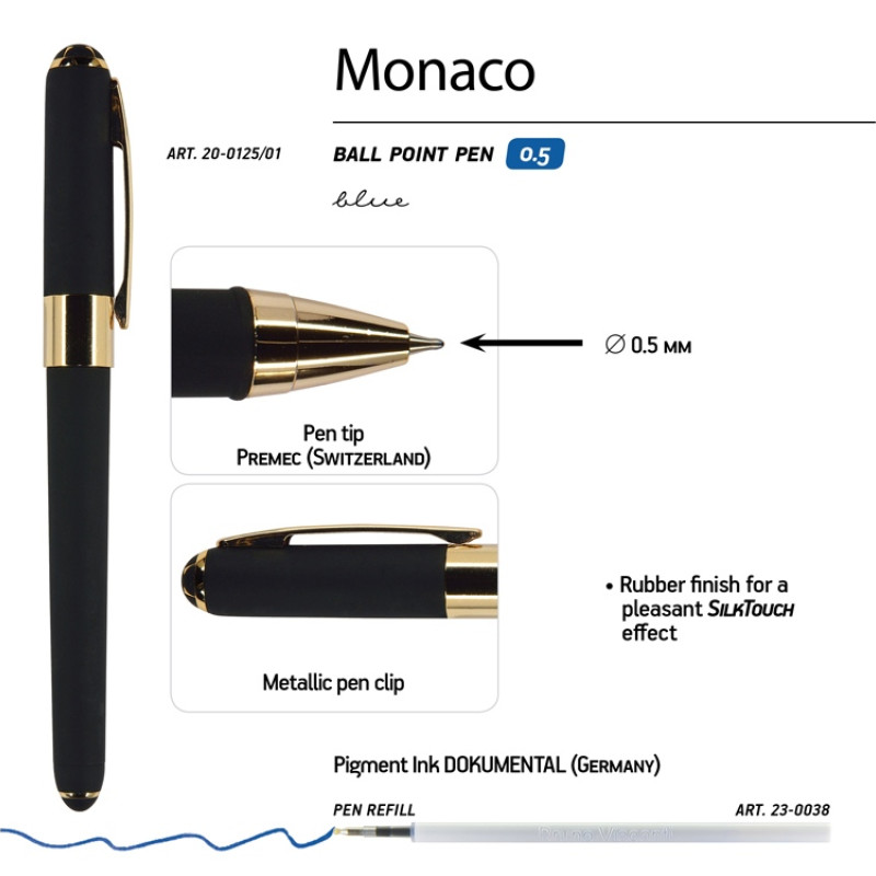 Ручка пластиковая шариковая «Monaco», 0,5мм, синие чернила, черный