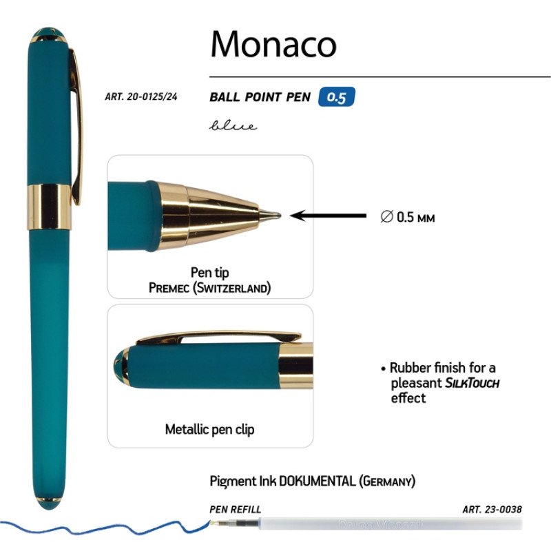 Ручка пластиковая шариковая «Monaco», 0,5мм, синие чернила, морская волна