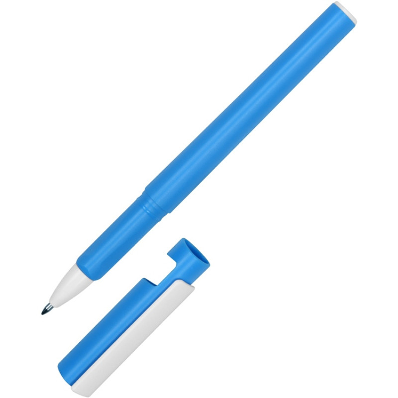 Ручка пластиковая шариковая трехгранная «Nook» с подставкой для телефона в колпачке, голубой/белый