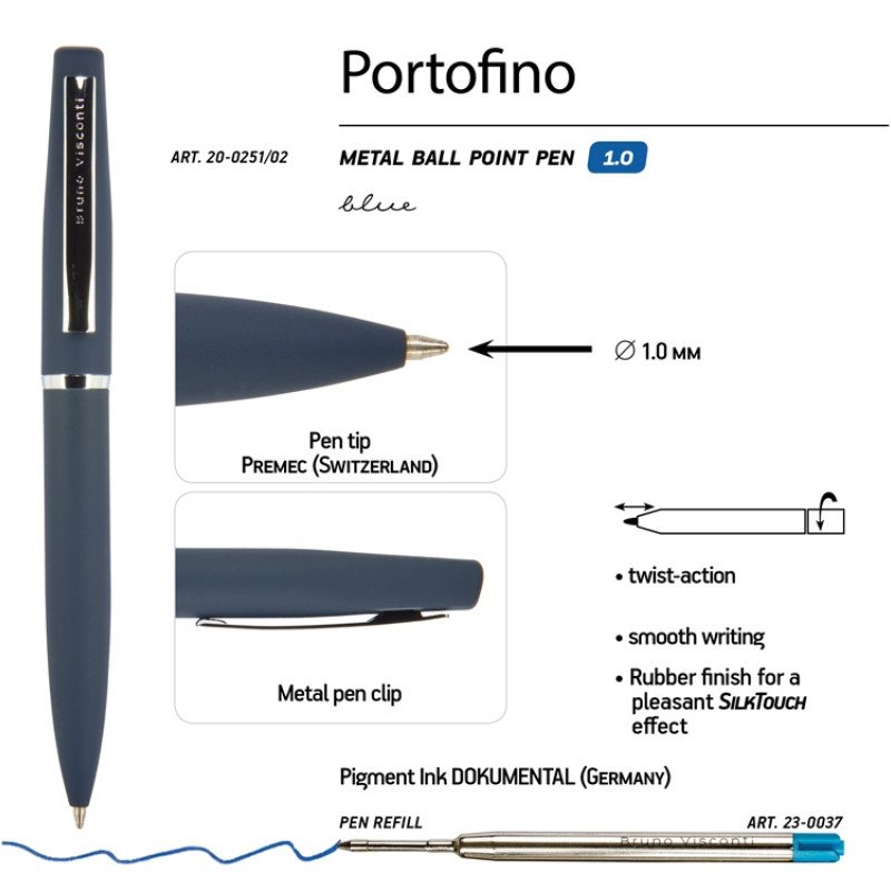 Ручка металлическая шариковая "Portofino", софт-тач, 1.0 мм, синий
