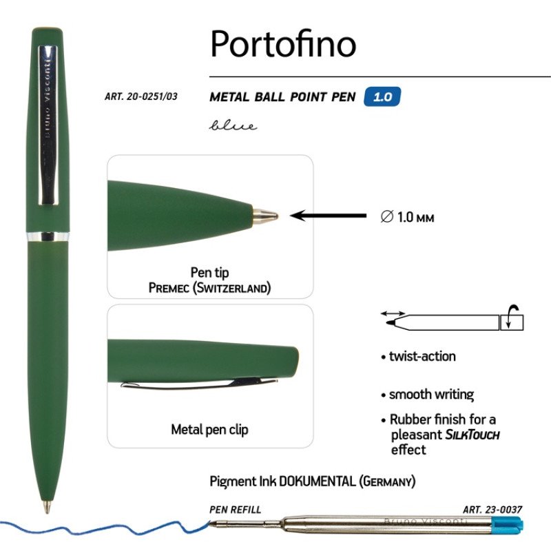 Ручка металлическая шариковая "Portofino", софт-тач, 1.0 мм, зеленый Ручка металлическая шариковая "Portofino", софт-тач, 1.0 мм, зеленый