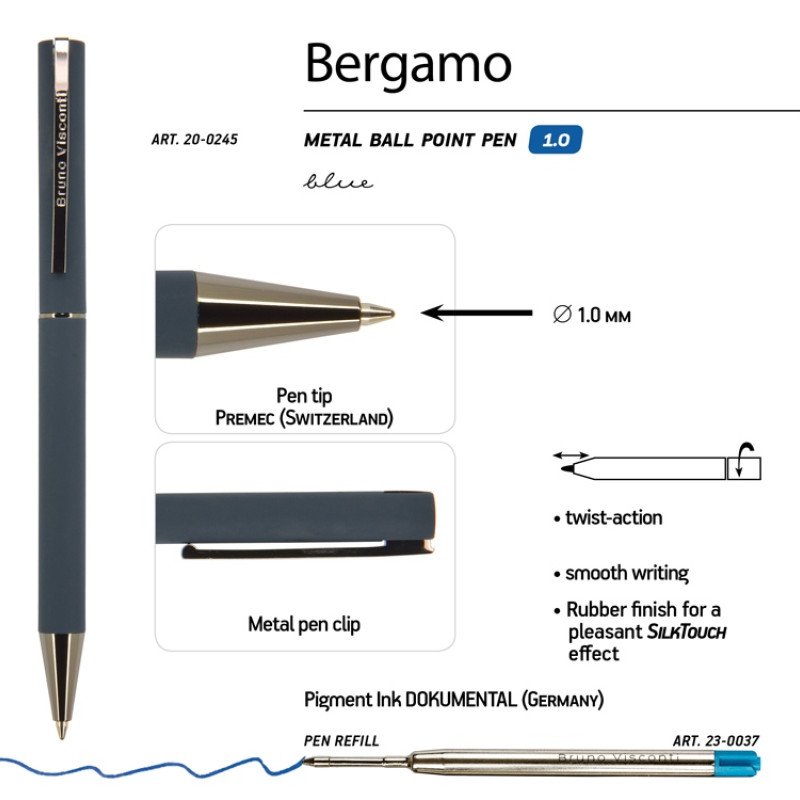 Ручка "Bergamo" шариковая автоматическая, синий металлический корпус, 0,7 мм, синяя Ручка "Bergamo" шариковая автоматическая, синий металлический корпус, 0,7 мм, синяя