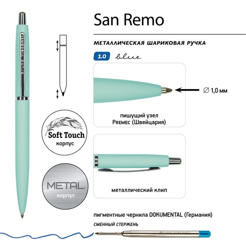 Ручка металлическая шариковая "San Remo", софт-тач, 1.0 мм, мятный