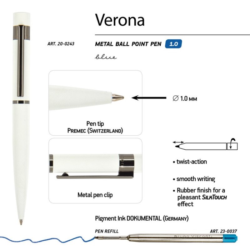 Ручка шариковая автоматическая BrunoVisconti "VERONA" цвет корпуса белый, soft-touch, 1 мм, синяя Ручка шариковая автоматическая BrunoVisconti "VERONA" цвет корпуса белый, soft-touch, 1 мм, синяя