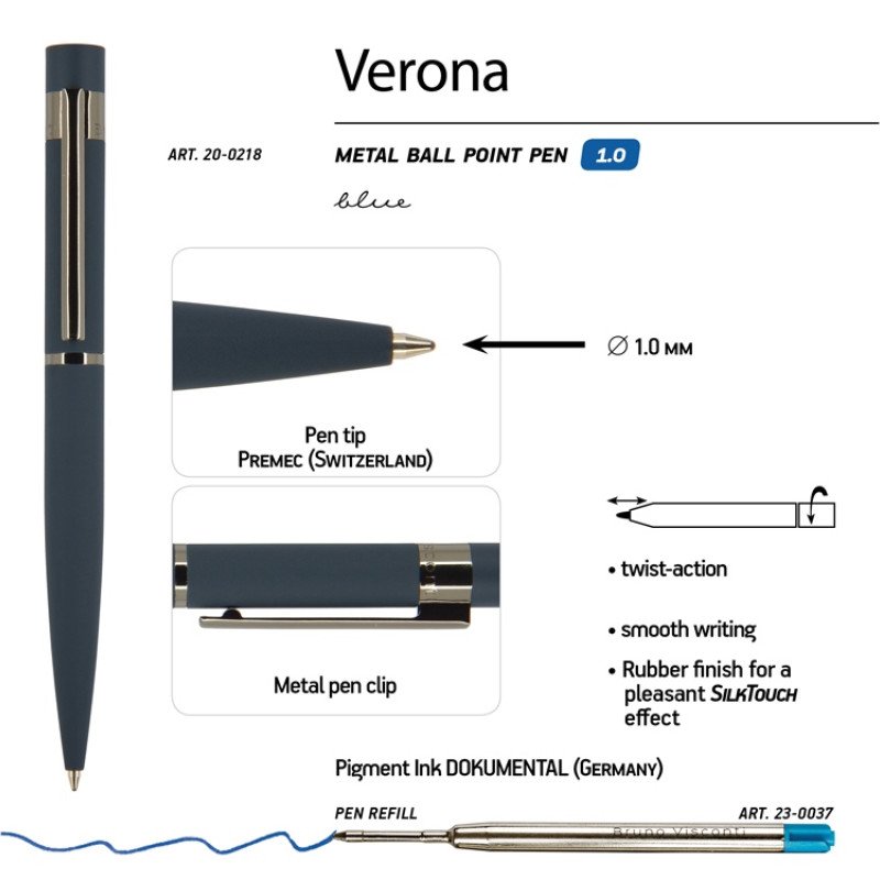 Ручка шариковая автоматическая BrunoVisconti "VERONA" цвет корпуса синий, soft-touch, 1 мм, синяя Ручка шариковая автоматическая BrunoVisconti "VERONA" цвет корпуса синий, soft-touch, 1 мм, синяя