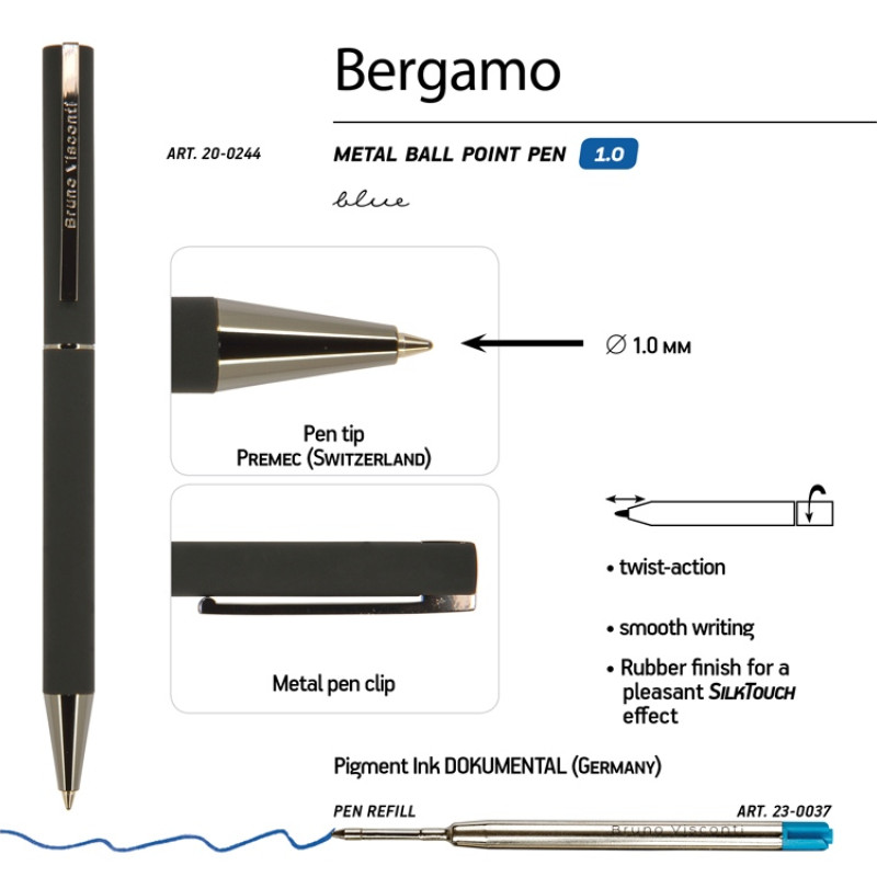 Ручка "Bergamo" шариковая автоматическая, черный металлический корпус, 0.7 мм, синяя