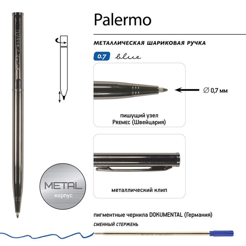 Ручка шариковая автоматическая BrunoVisconti® "PALERMO" цвет корпуса вороненая сталь, 0.7 мм