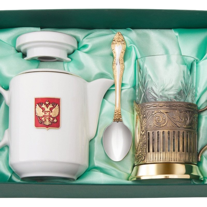 Чайный набор с подстаканником и фарфоровым чайником «ЭГОИСТ-Л», золотистый/белый