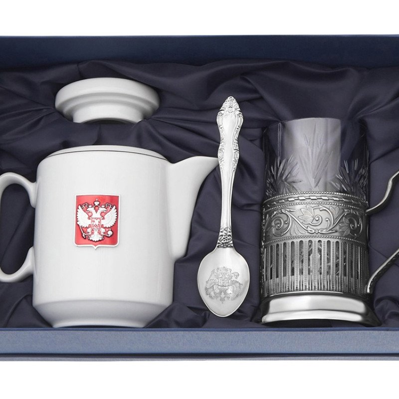 Чайный набор с подстаканником и фарфоровым чайником «ЭГОИСТ-М», серебристый/белый