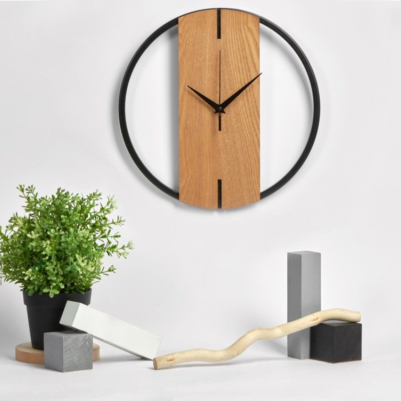 Деревянные часы с металлическим ободом, диаметр 30 см, "Time Wheel", натуральный/черный