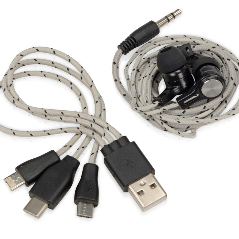 Набор с наушниками и зарядным кабелем 3-в-1 "In motion", серый Набор с наушниками и зарядным кабелем 3-в-1 "In motion", серый