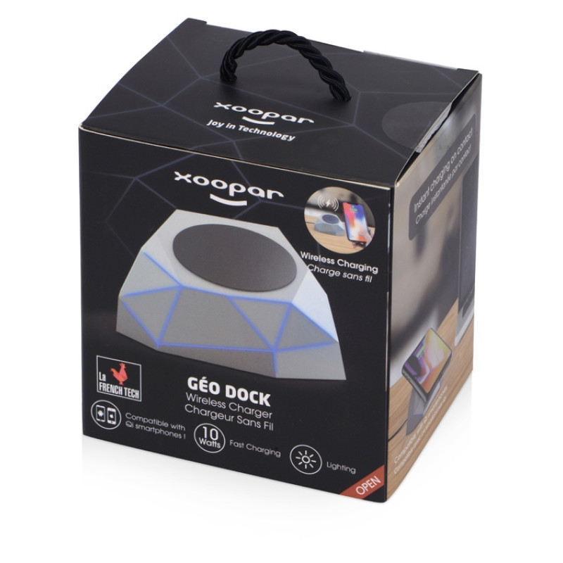 Док-станция «Geo Dock» с быстрой беспроводной зарядкой, серебристый с синей подсветкой. XOOPAR Док-станция «Geo Dock» с быстрой беспроводной зарядкой, серебристый с синей подсветкой. XOOPAR