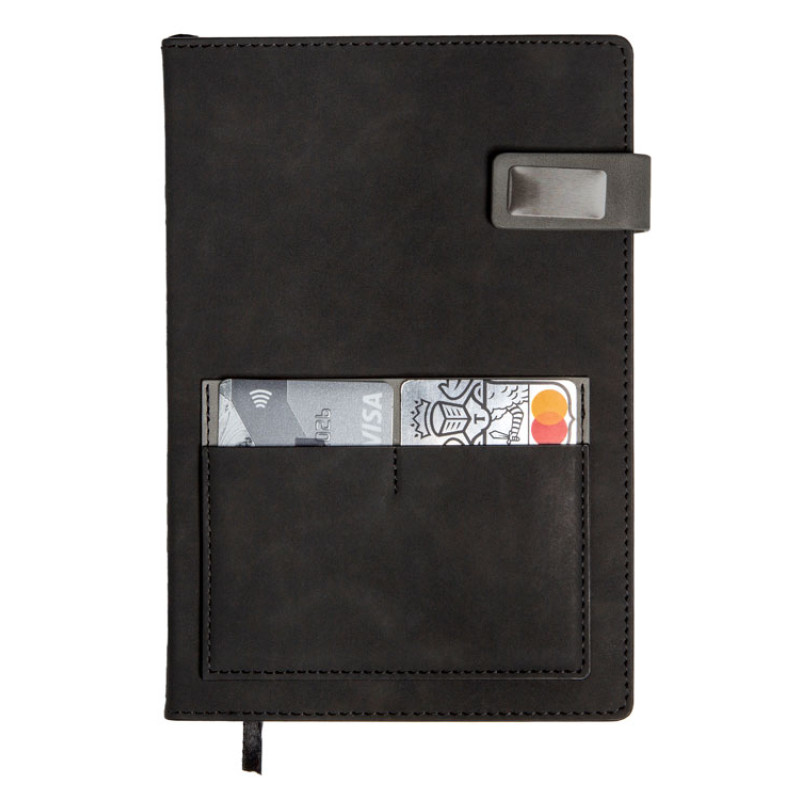 Бизнес блокнот А5 "Freya" с клапаном и карманом для визиток, твердая обложка, 128 листов, черный и свет