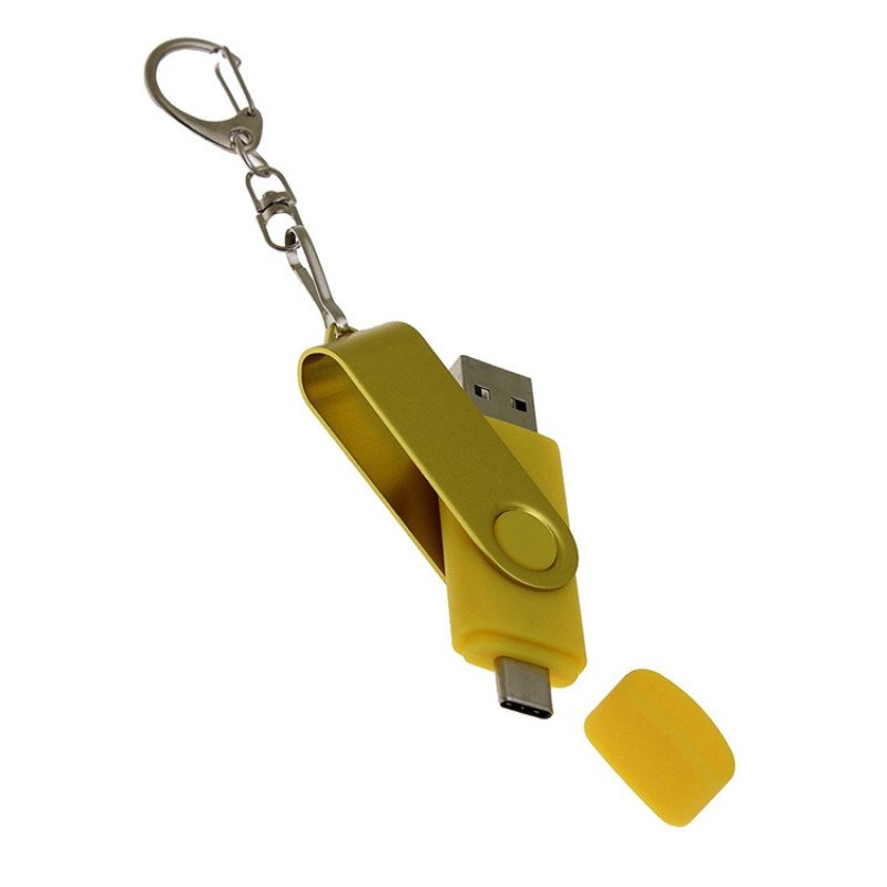 USB-флешка на 32 Гб 2 в 1 поворотный механизм, c дополнительным разъемом Type-C с одноцветным металлическим клипом, желтый