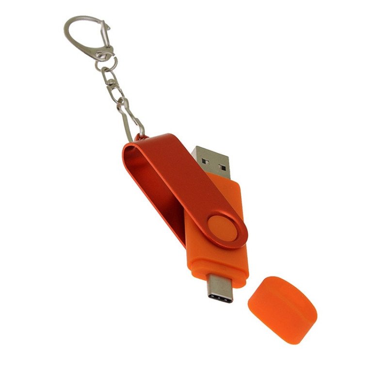 USB-флешка на 32 Гб 2 в 1 поворотный механизм, c дополнительным разъемом Type-C с одноцветным металлическим клипом, оранжевый