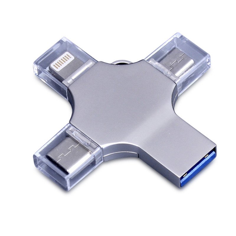 USB-флешка на 256 Гб 4 в 1 поворотный механизм, c дополнительными разъемами MicroUSB, TypeC и Lightning, серебристый USB-флешка на 256 Гб 4 в 1 поворотный механизм, c дополнительными разъемами MicroUSB, TypeC и Lightning, серебристый