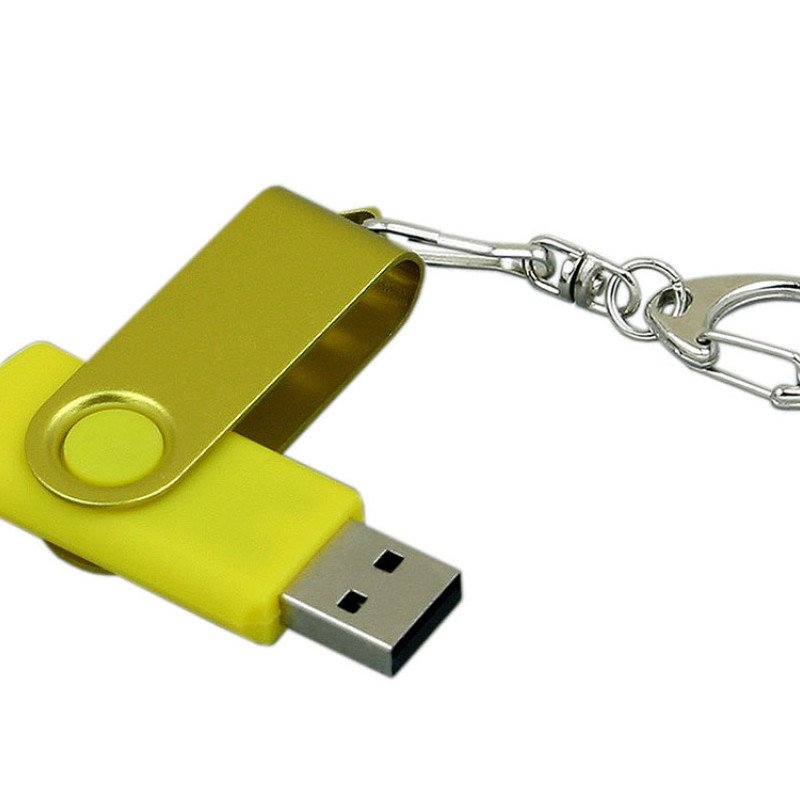 Флешка промо поворотный механизм, с однотонным металлическим клипом, 64 Гб, желтый