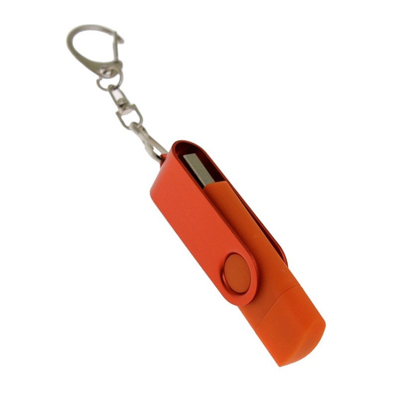 USB-флешка на 64 Гб 2 в 1 поворотный механизм, c дополнительным разъемом Type-C с одноцветным металлическим клипом, оранжевый