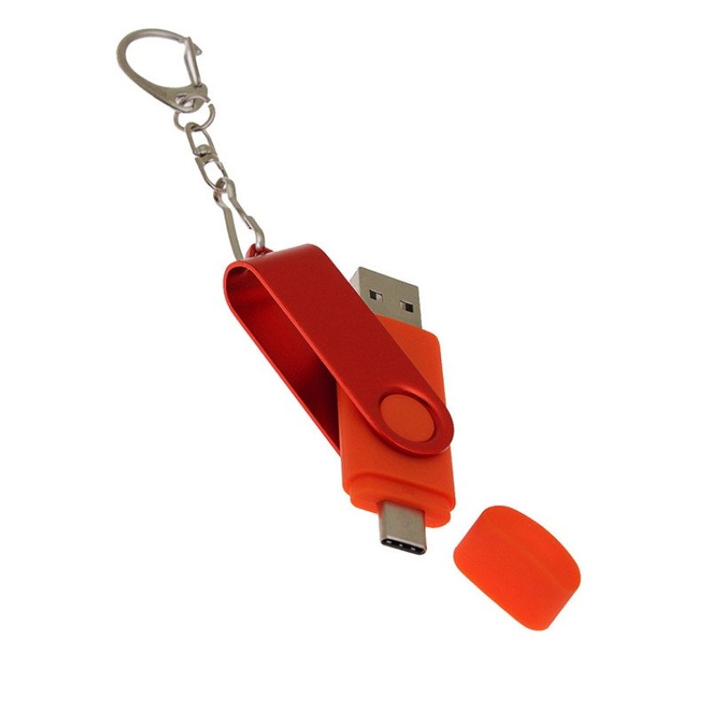 USB-флешка на 64 Гб 2 в 1 поворотный механизм, c дополнительным разъемом Type-C с одноцветным металлическим клипом, красный