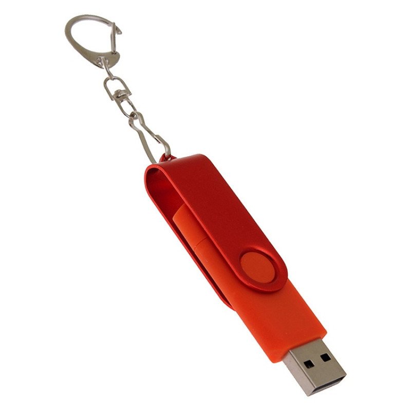 USB-флешка на 64 Гб 2 в 1 поворотный механизм, c дополнительным разъемом Type-C с одноцветным металлическим клипом, красный
