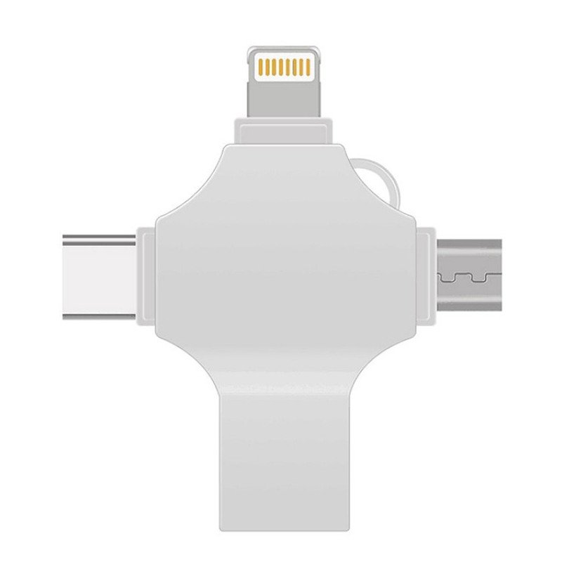 USB-флешка на 128 Гб 4 в 1 поворотный механизм, c дополнительными разъемами MicroUSB, TypeC и Lightning, серебристый USB-флешка на 128 Гб 4 в 1 поворотный механизм, c дополнительными разъемами MicroUSB, TypeC и Lightning, серебристый