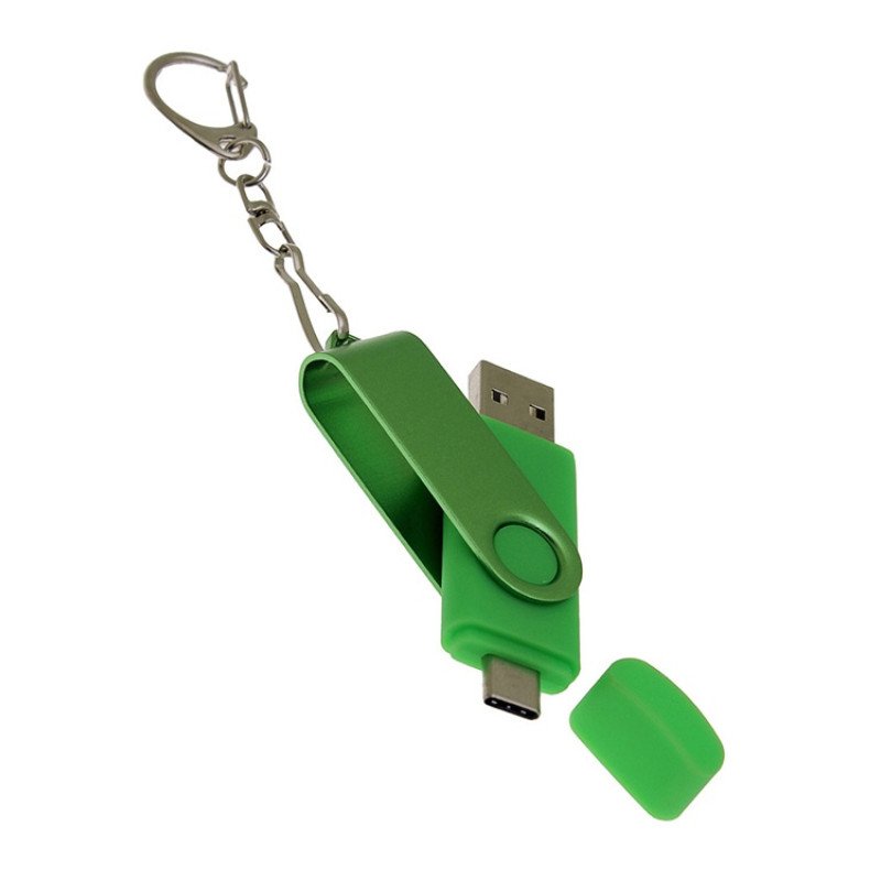 USB-флешка на 16 Гб 2 в 1 поворотный механизм, c дополнительным разъемом Type-C с одноцветным металлическим клипом, зеленый