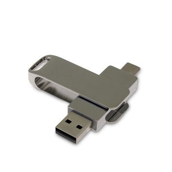 USB 2.0- флешка на 16 Гб поворотный механизм 2 в 1, c дополнительным разъемом Type-C с одноцветным металлическим клипом, серебристый