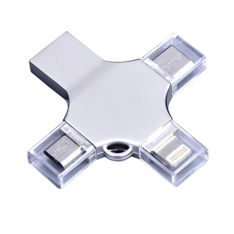 USB-флешка на 64 Гб 4 в 1 поворотный механизм, c дополнительными разъемами MicroUSB, TypeC и Lightning, серебристый