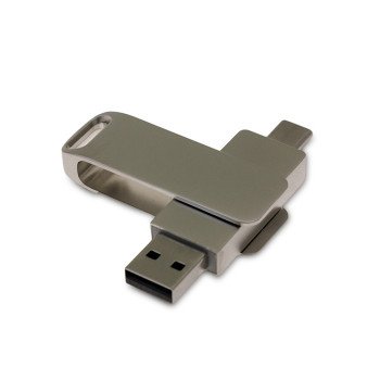 USB 2.0- флешка на 32 Гб поворотный механизм 2 в 1, c дополнительным разъемом Type-C с одноцветным металлическим клипом, серый