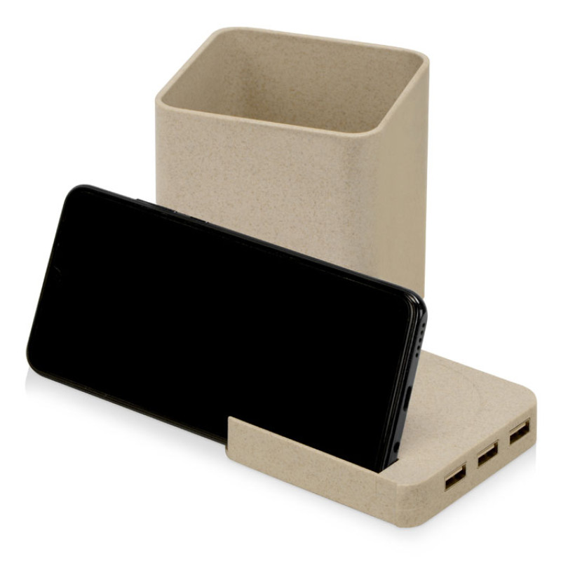 Настольный органайзер Cubic из пшеничного волокна с функцией беспроводной зарядки и выходами USB