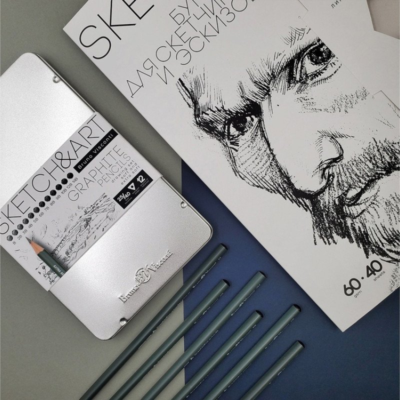 Набор чернографитовых карандашей  "Sketch & Art" ,12 шт. b-14b,  металлическая коробка с ложементом