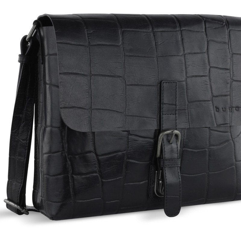 Сумка-мессенджер мужская BUGATTI НЕВИО | NEVIO, чёрная, воловья кожа/хлопок, 30,5х7х25 см, 5 л