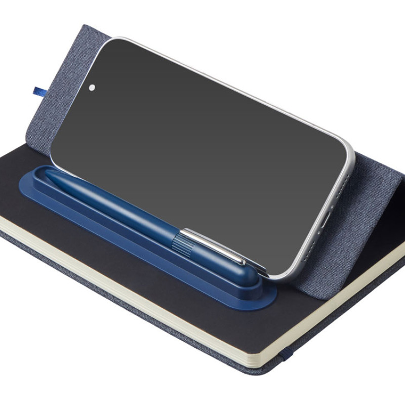 Набор блокнот А5 с магнитным держателем для ручки и подставкой для телефона и металлической шариковой ручкой "NotaBene", темно-синий