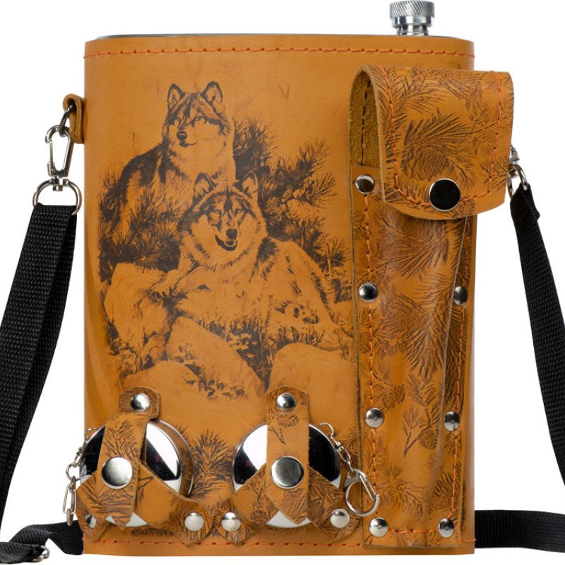 Набор «Подарочный»: фляга 511/2 (рыжая кожа), 2л+2 стаканчика+2 вилки