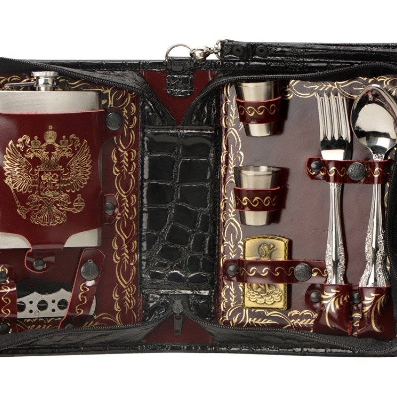 Набор "Дорожный" на 4 персоны в барсетке с худ. выжиганием (герб)