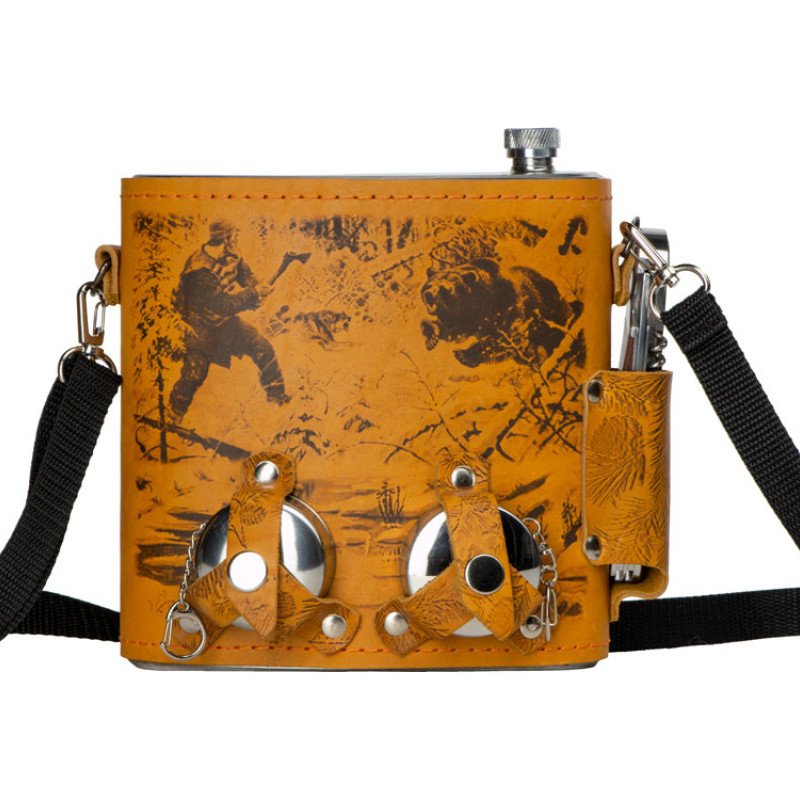 Набор «Подарочный»: фляга 510/2(рыжая кожа), 1,5 л+ 2 стаканчика+нож