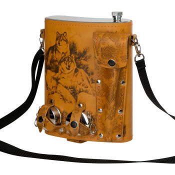 Набор «Подарочный»: фляга 511/2 (рыжая кожа), 2л+2 стаканчика+2 вилки