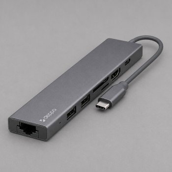 USB Type-C хаб 7-в-1, HDMI, Power Delivery, 2xUSB 3.0, RJ45, microSD/SD, графит, Deppa
