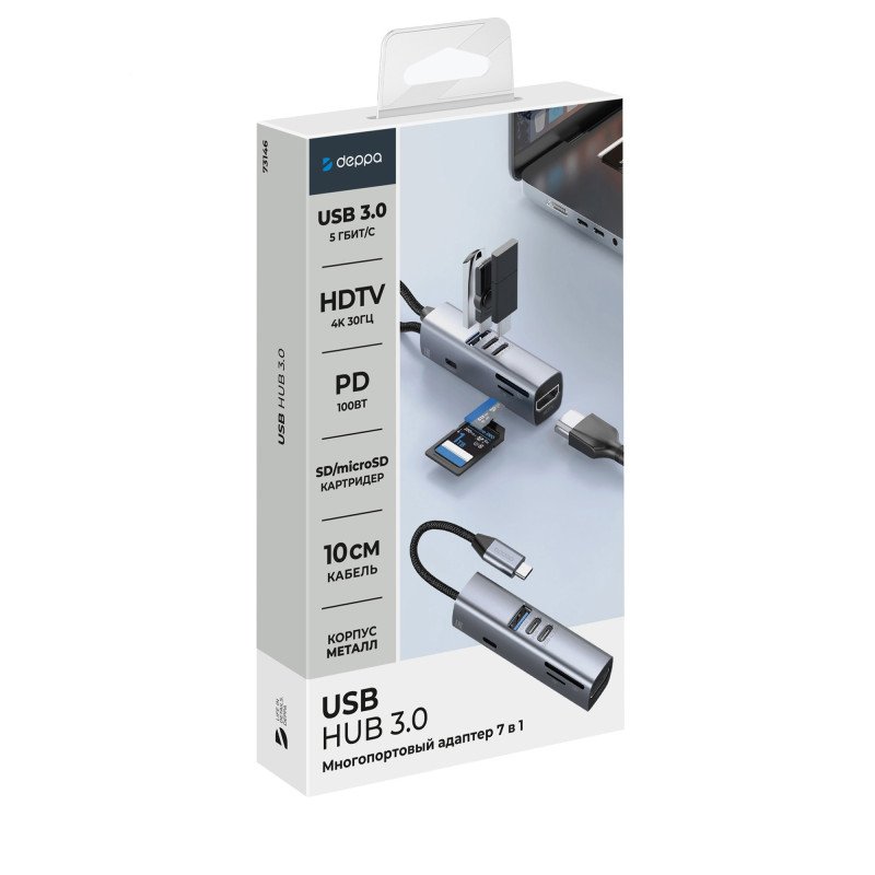 USB-хаб 7 в 1 USB-C - USB-A3.0 + 2хUSB-C + USB-C PD100Вт + HDMI + SD + microSD, серый, Deppa USB-хаб 7 в 1 USB-C - USB-A3.0 + 2хUSB-C + USB-C PD100Вт + HDMI + SD + microSD, серый, Deppa
